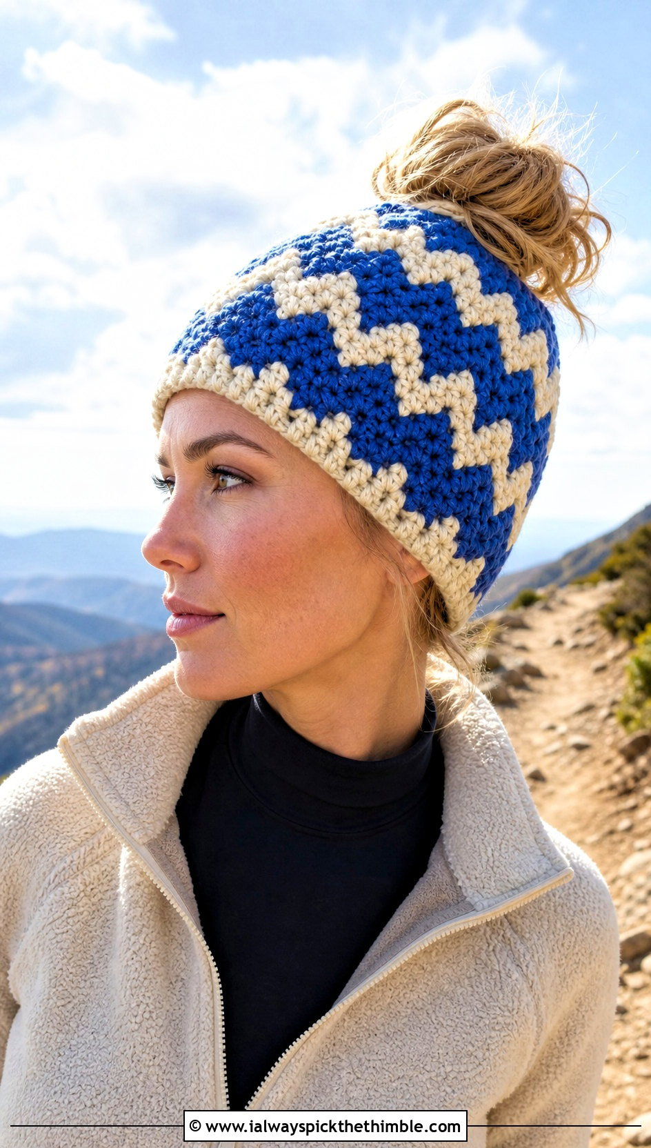 Chevron Crochet Messy Bun Hat With Fleece Jacket - 20 Crochet Messy Bun Hat Bulky Yarn outfit ideas