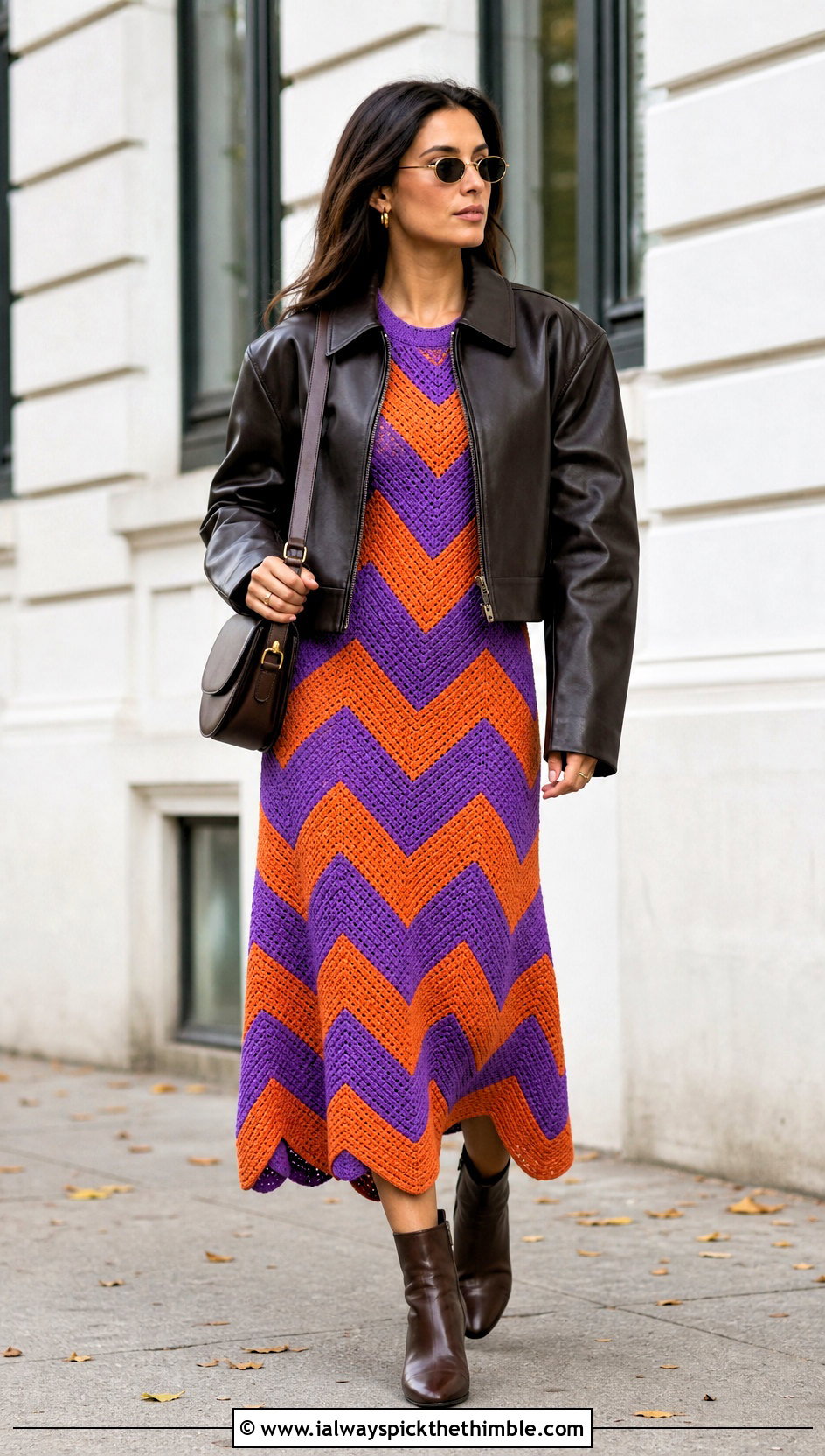 Chevron Crochet Midi Dress With Leather Jacket - 15 colorful crochet dress on hanger outfit ideas