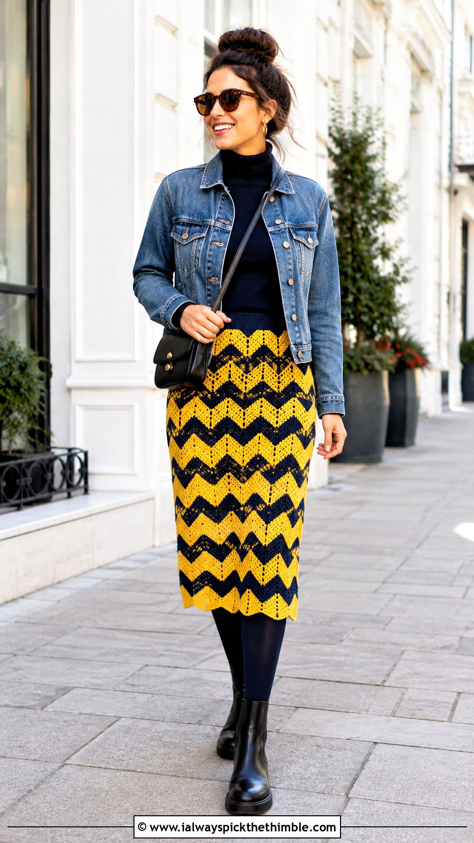 Chevron Crochet Midi Skirt With Denim Jacket - 25 crochet winter skirt outfit ideas