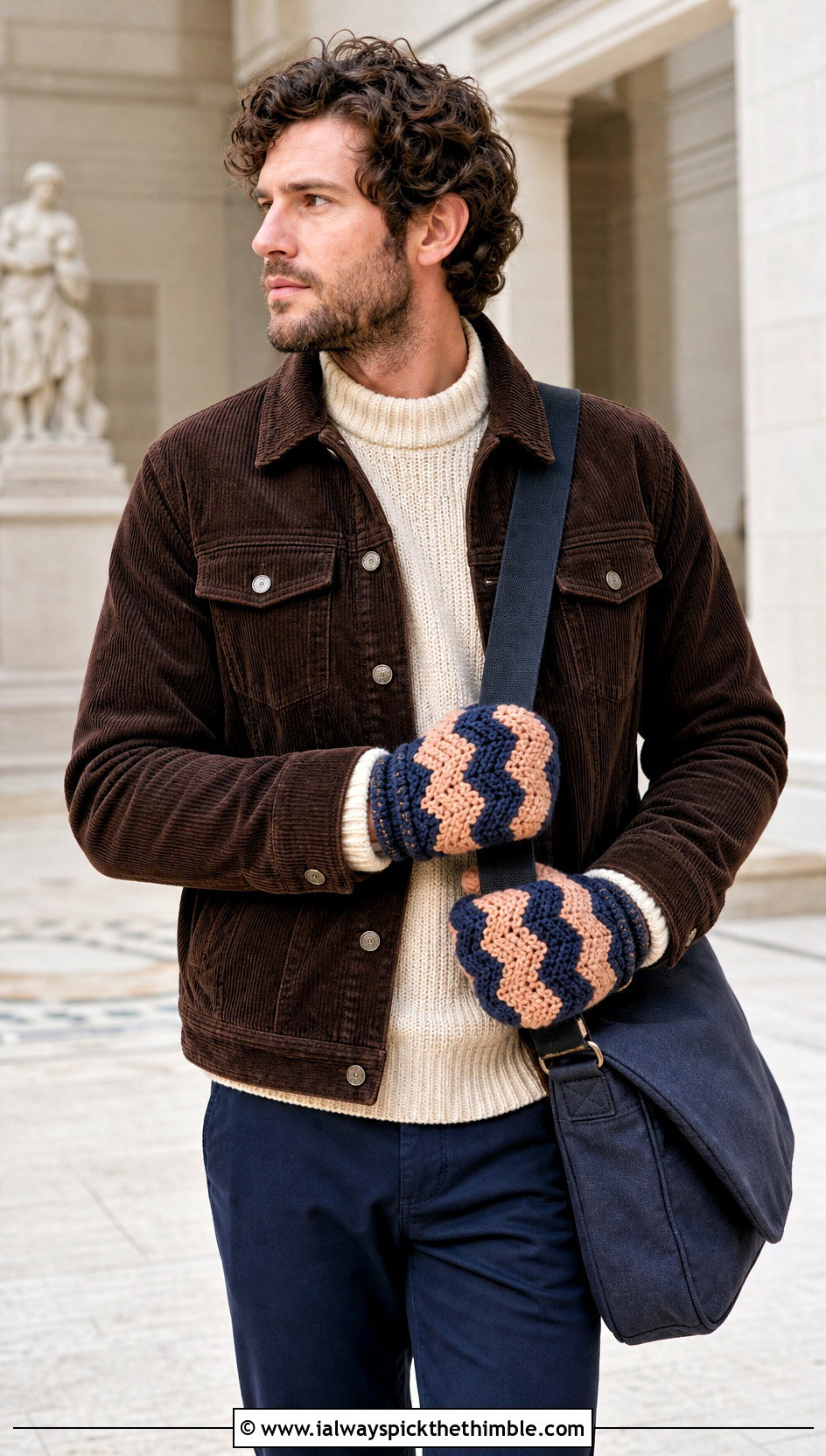 Chevron Crochet Mittens With Corduroy Jacket - 20 Crochet Mens Mittens outfit ideas