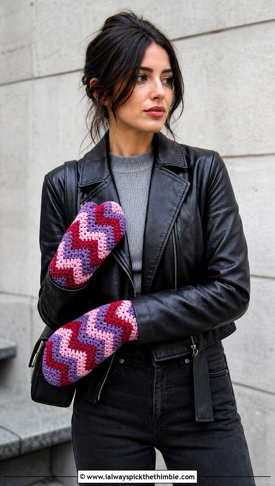 Chevron Crochet Mittens With Leather Jacket And Black Jeans - 25 crochet mittens outfit ideas