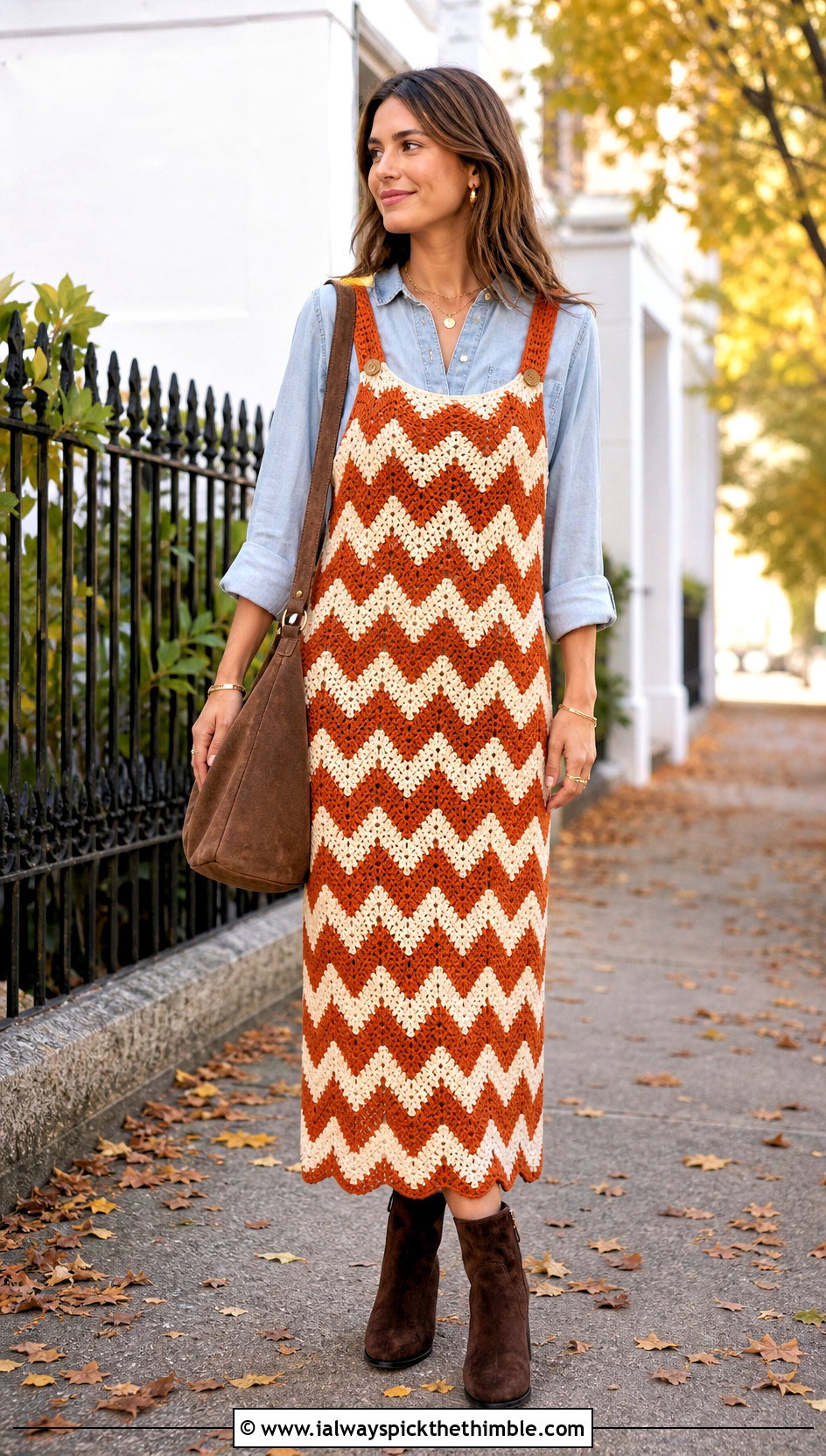 Chevron Crochet Overall Dress With Chambray Shirt - 25 Crochet Overall Dress outfit ideas