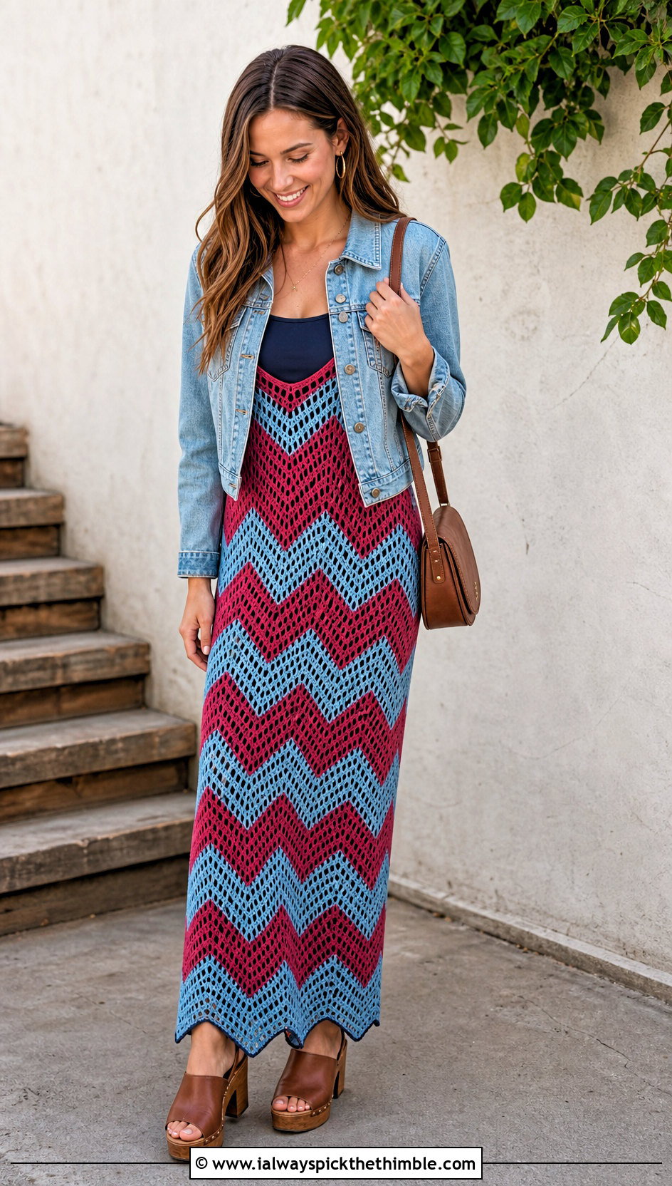 Chevron Crochet Overlay Maxi Dress With Denim Jacket And Clogs - 20 Crochet Overlay Dress outfit ideas