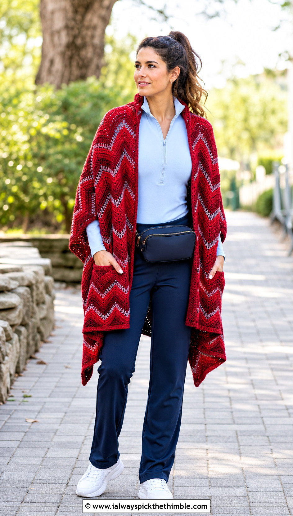 Chevron Crochet Pocket Shawl With Track Pants - 25 crochet pocket shawl outfit ideas