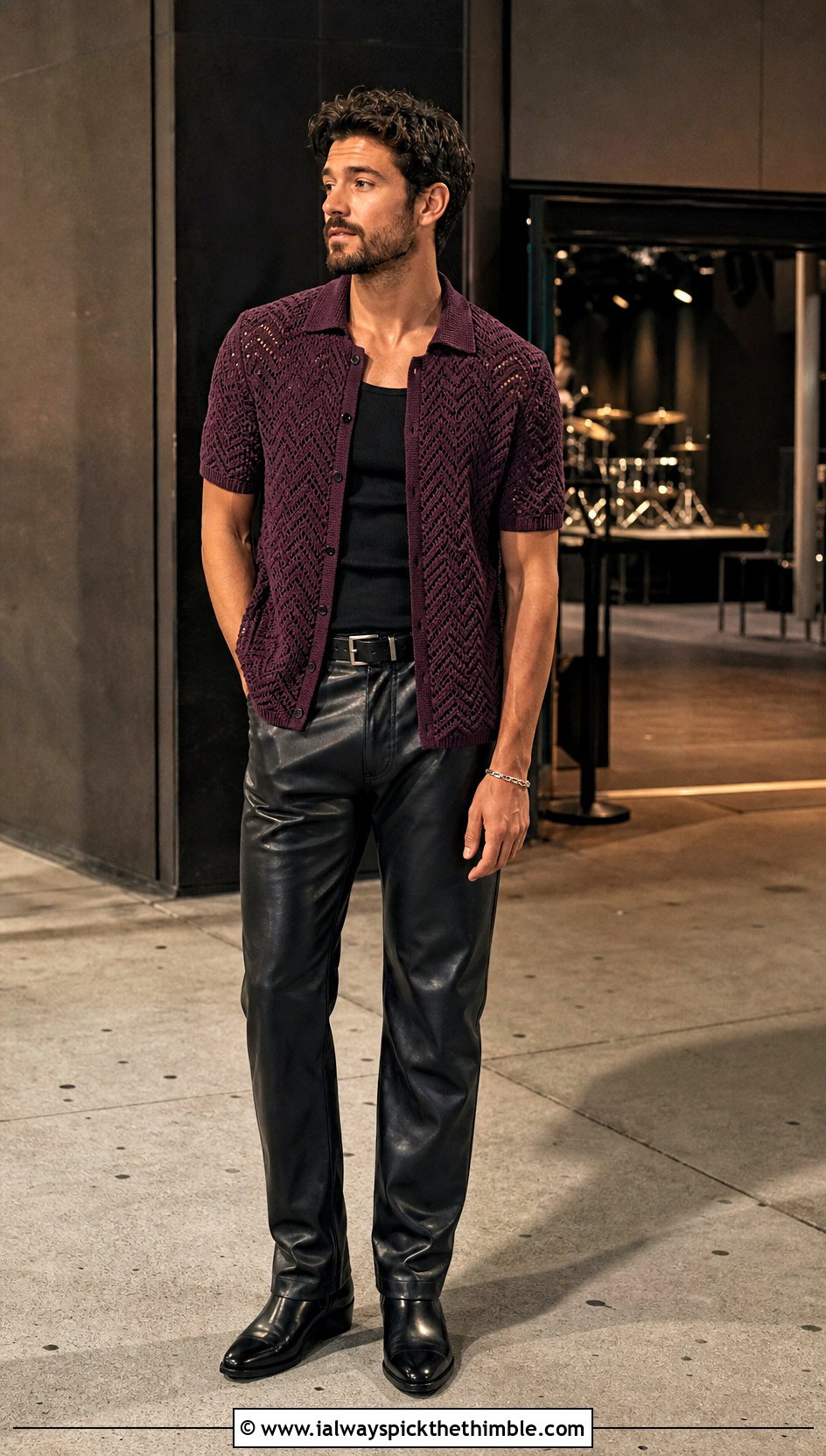 Chevron Crochet Polo With Leather Pants - 15 Mens Crochet Polo Shirt outfit ideas
