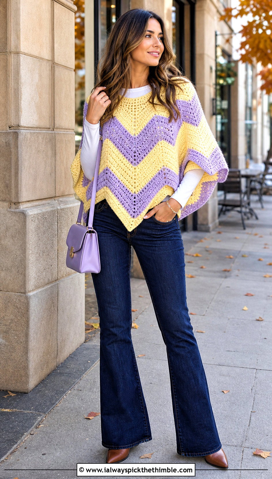 Chevron Crochet Poncho With Bootcut Jeans - 15 diy crochet poncho outfit ideas