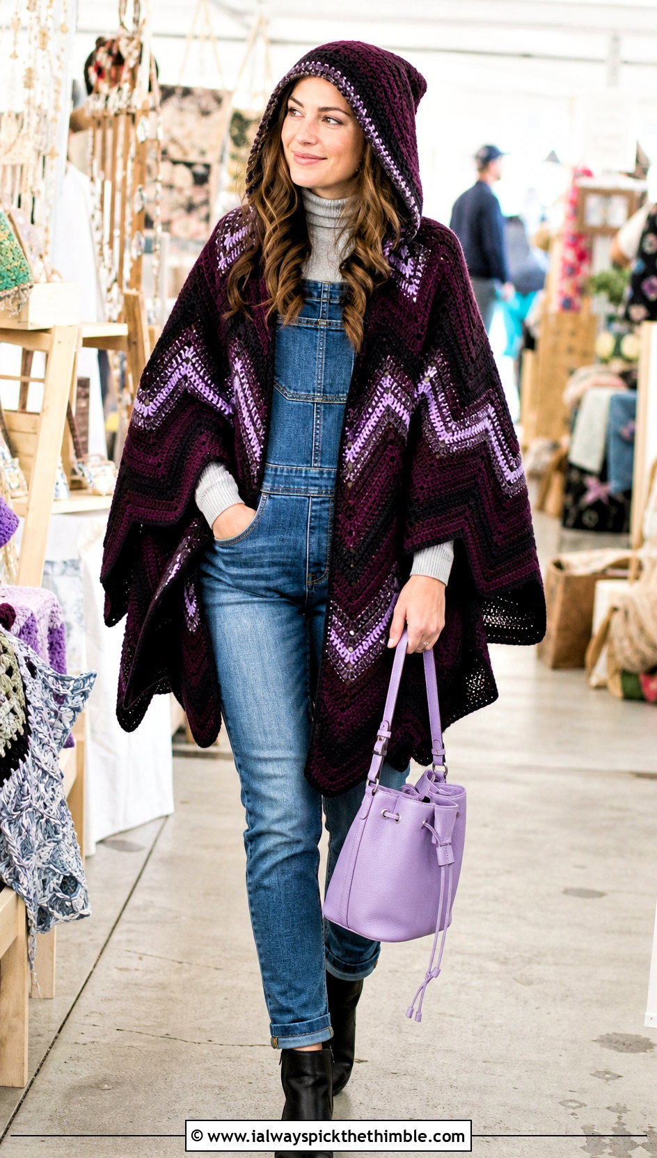 Chevron Crochet Poncho With Hood and Denim Overalls - 25 crochet poncho with hood outfit ideas