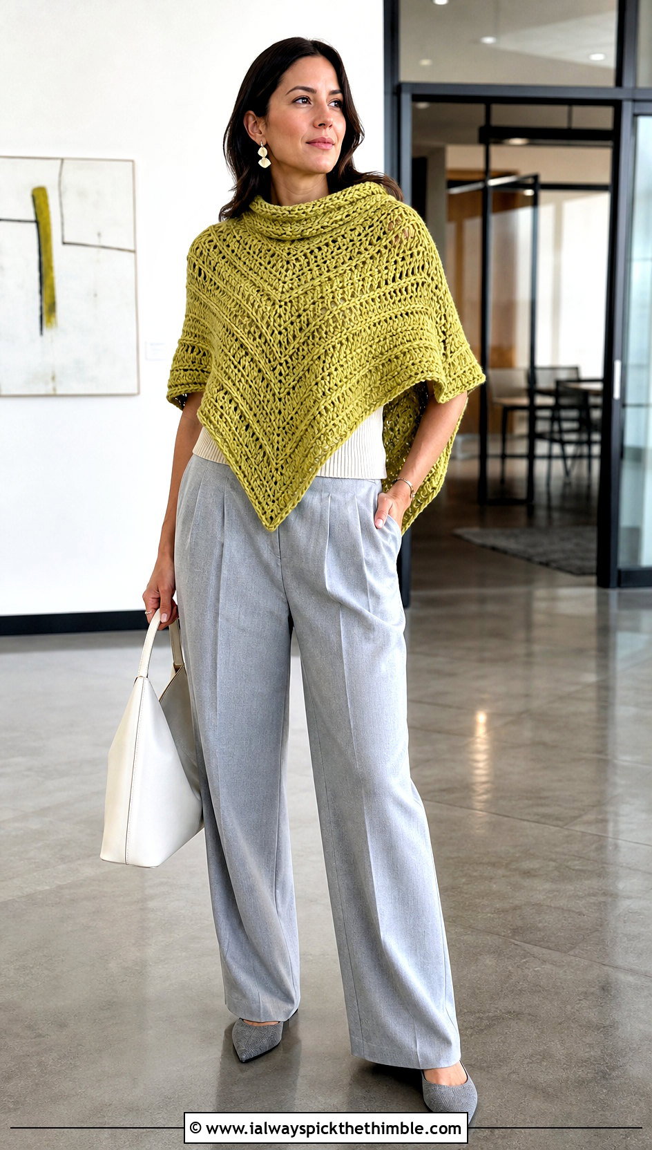 Chevron Crochet Poncho With Pleated Trousers - 25 crochet ponchos outfit ideas