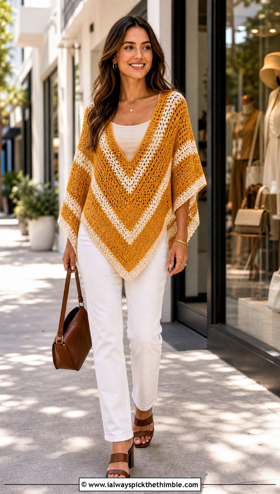 Chevron Crochet Poncho With White Jeans - 15 Quick Crochet Poncho outfit ideas