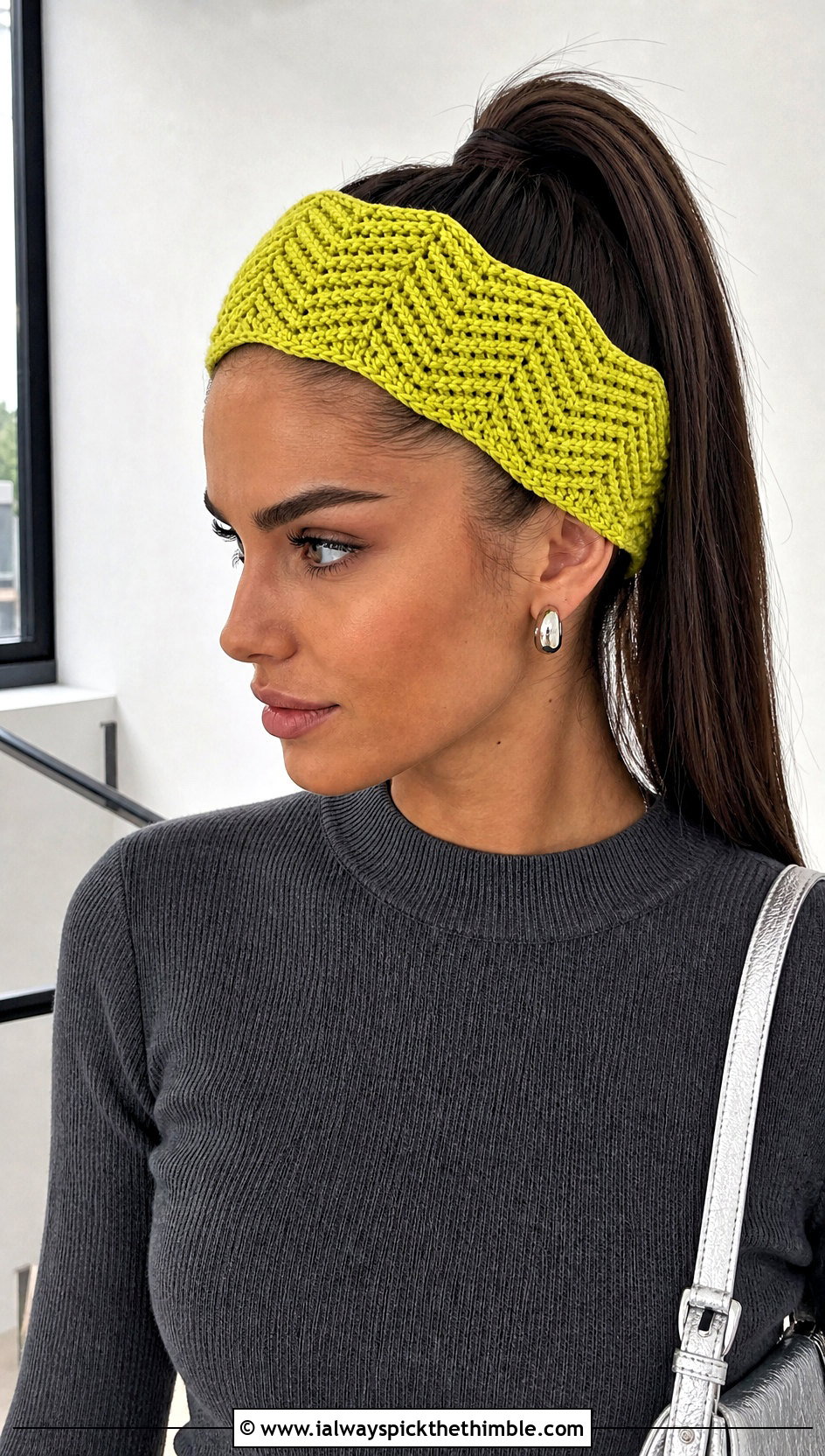 Chevron Crochet Ponytail Headband With Monochrome Knit Outfit - 20 Crochet Ponytail Headband outfit ideas