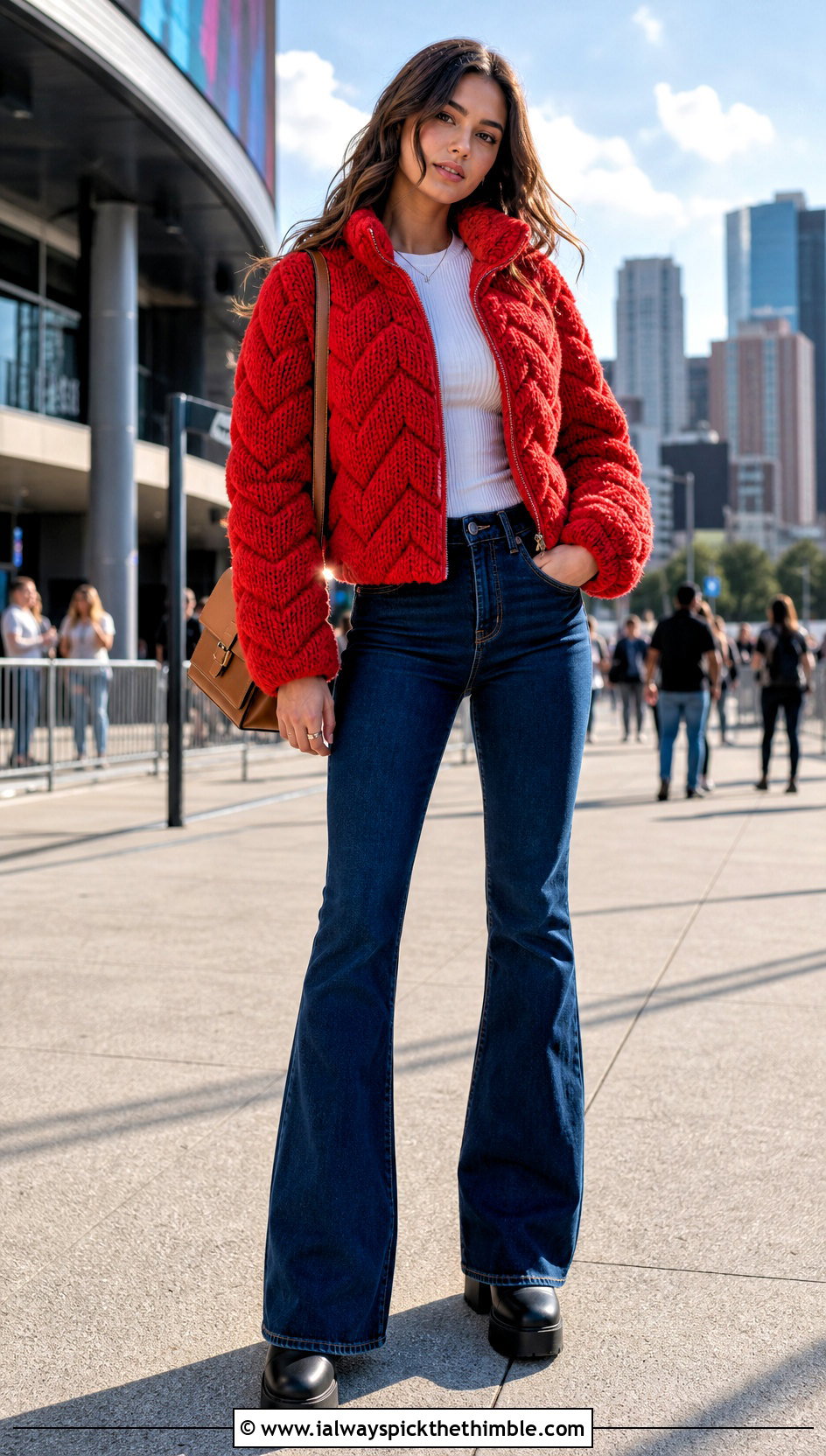 Chevron Crochet Puffer Jacket With Flared Jeans - 25 crochet puffer jacket outfit ideas