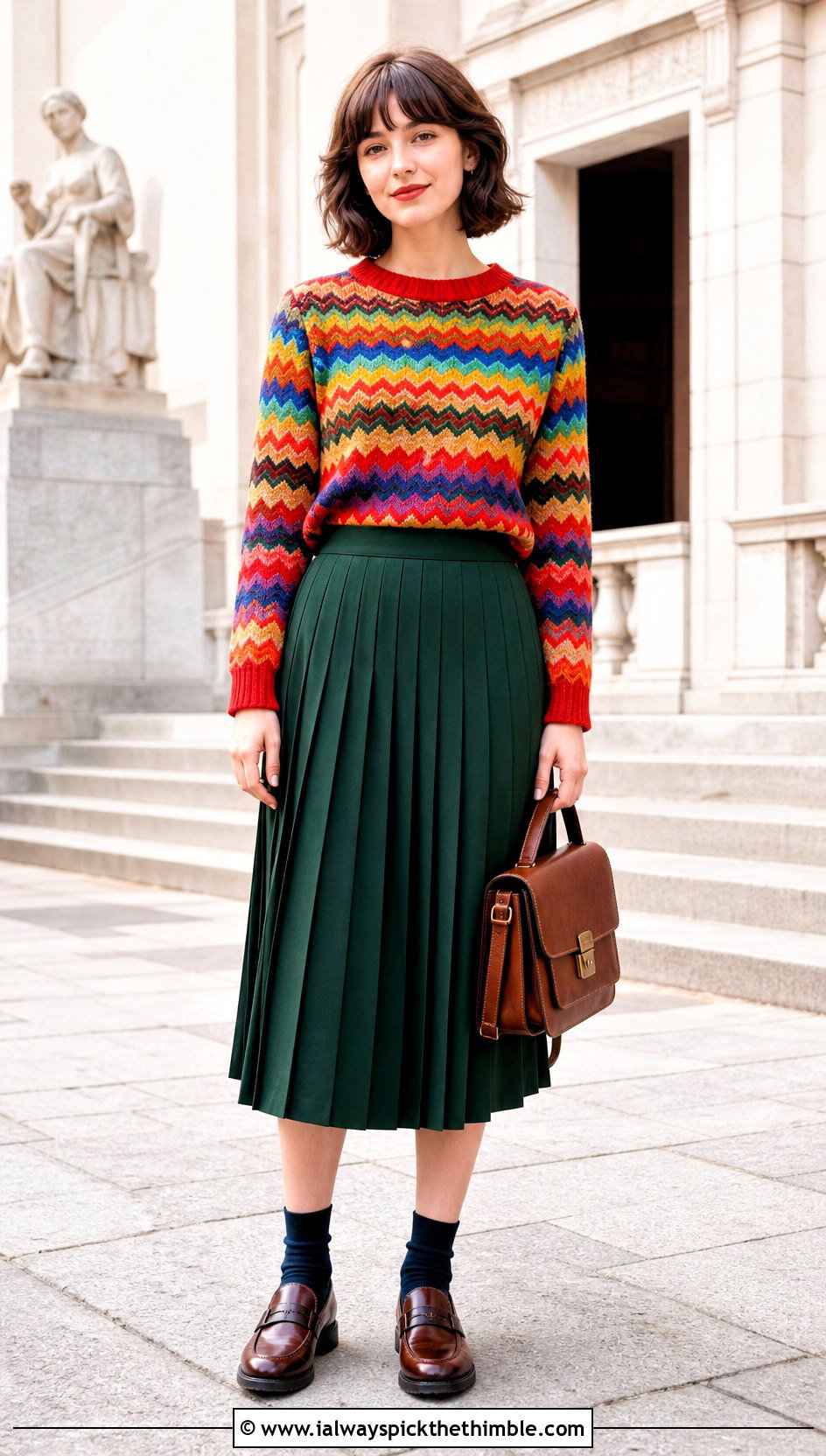 Chevron Crochet Rainbow Sweater With Pleated Midi Skirt - 20 Crochet Rainbow Sweater outfit ideas