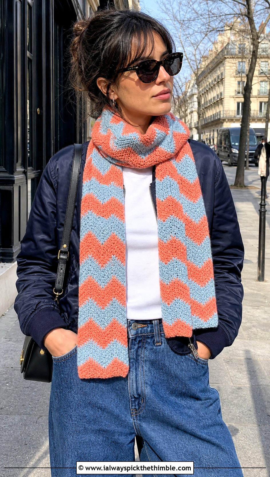 Chevron Crochet Sally Scarf With Bomber Jacket And Wide Leg Jeans - 20 Crochet Sally Scarf outfit ideas
