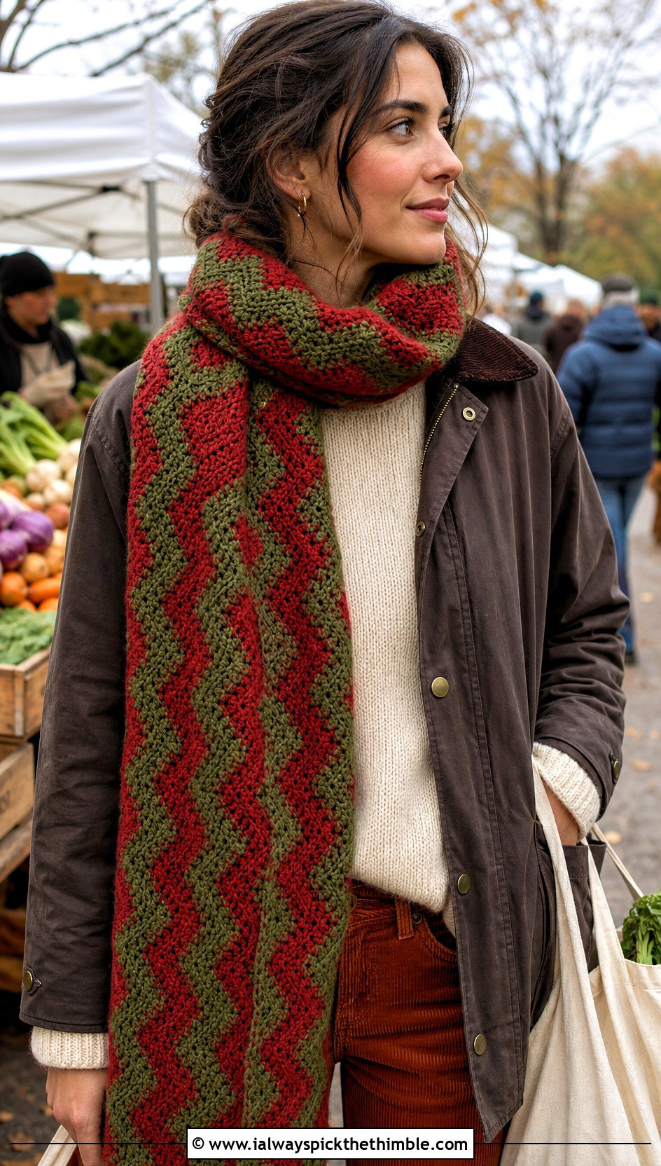 Chevron Crochet Scarf With Barn Jacket And Corduroy Pants - 15 Winter Crochet Scarf Design outfit ideas