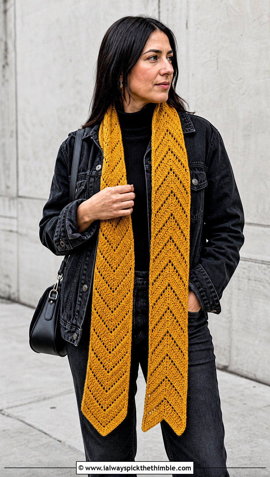 Chevron Crochet Scarf With Black Denim - 20 denim and crochet scarf outfit ideas