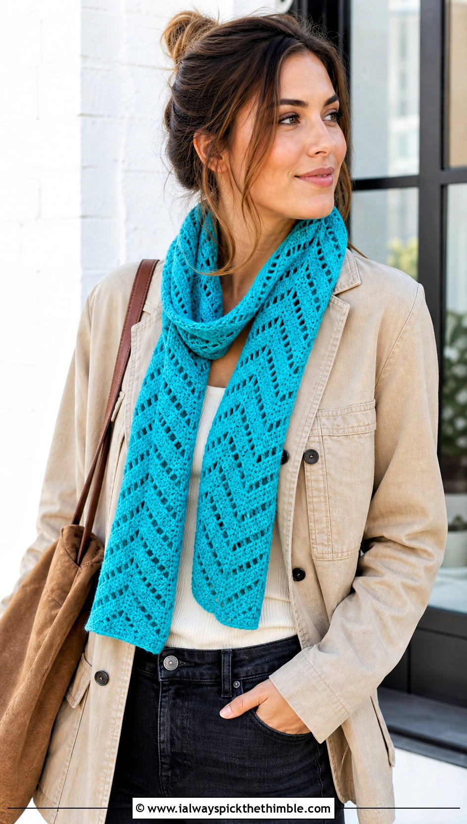 Chevron Crochet Scarf With Chore Jacket - 20 Multifunctional Crochet Scarf outfit ideas