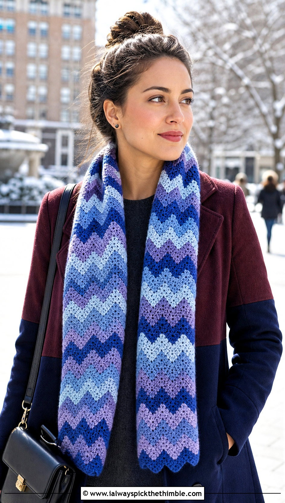 Chevron Crochet Scarf With Color Block Coat - 25 crochet scarf ideas