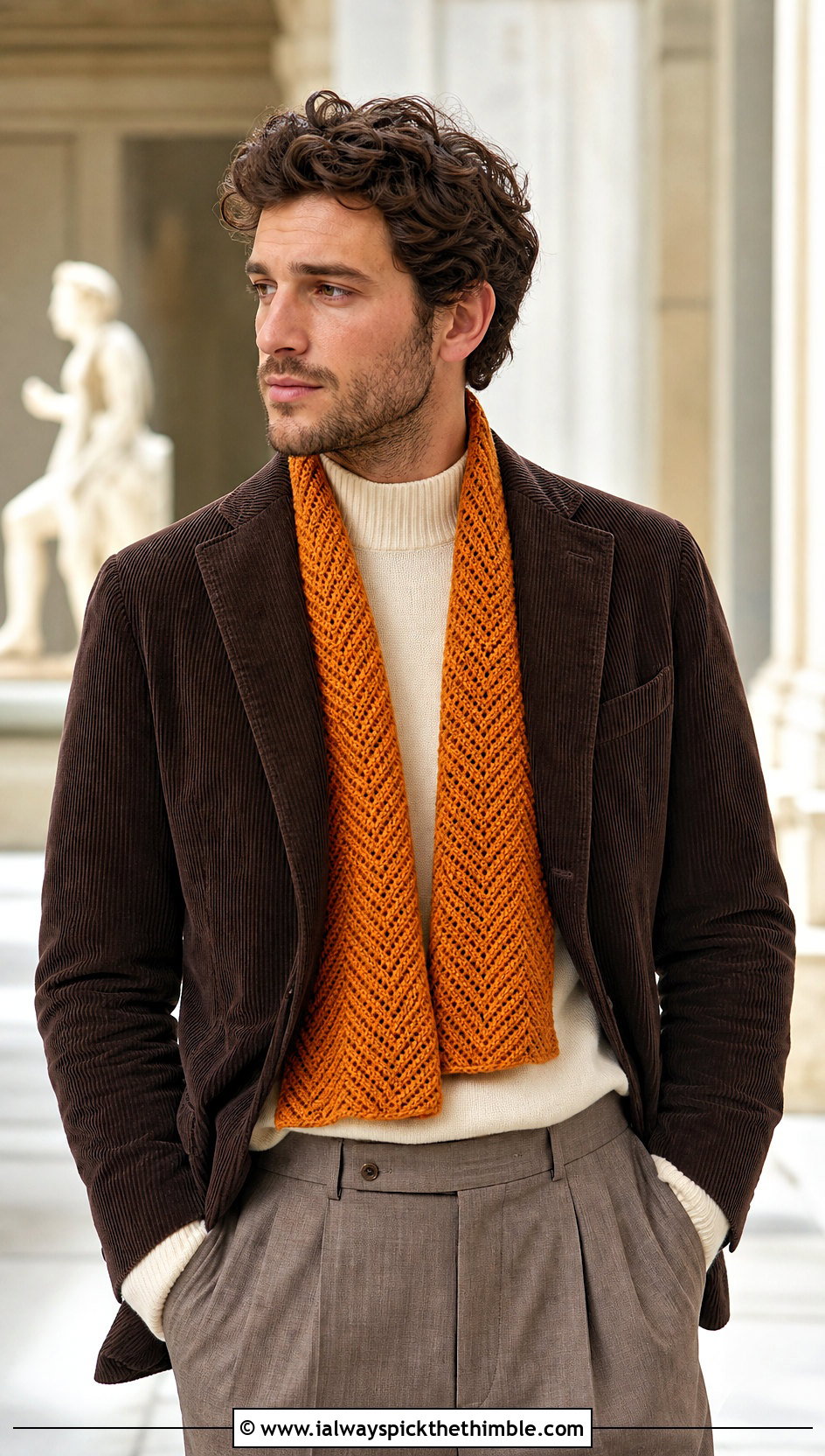 Chevron Crochet Scarf With Corduroy Blazer - 20 male crochet scarf outfit ideas