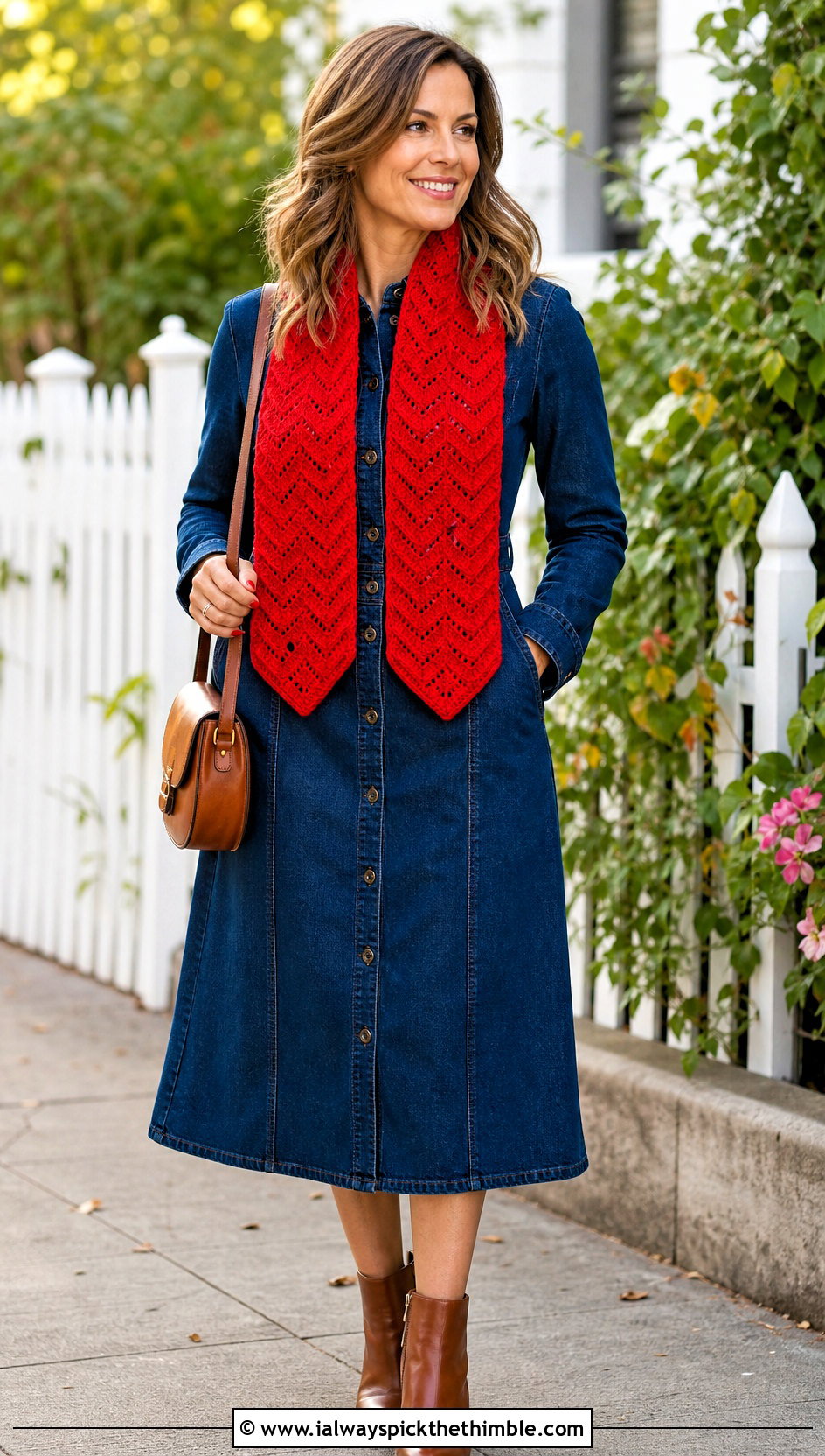 Chevron Crochet Scarf With Denim Dress And Ankle Boots - 20 one row repeat crochet scarf outfit ideas