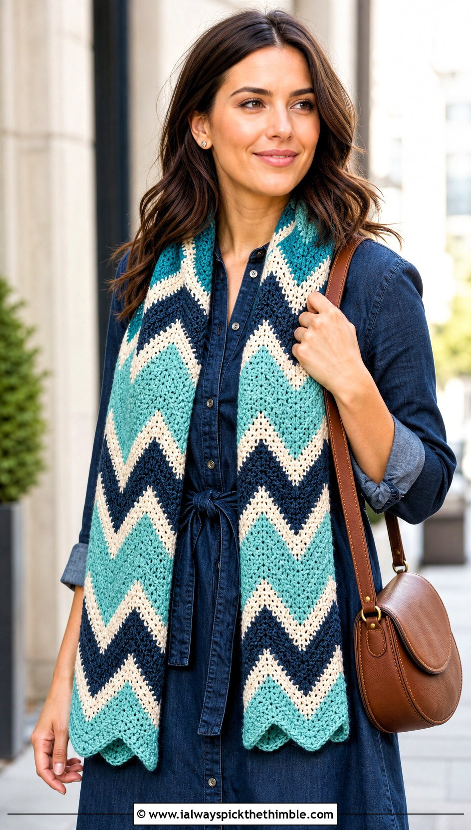 Chevron Crochet Scarf With Denim Dress - 25 beginner crochet scarf outfit ideas