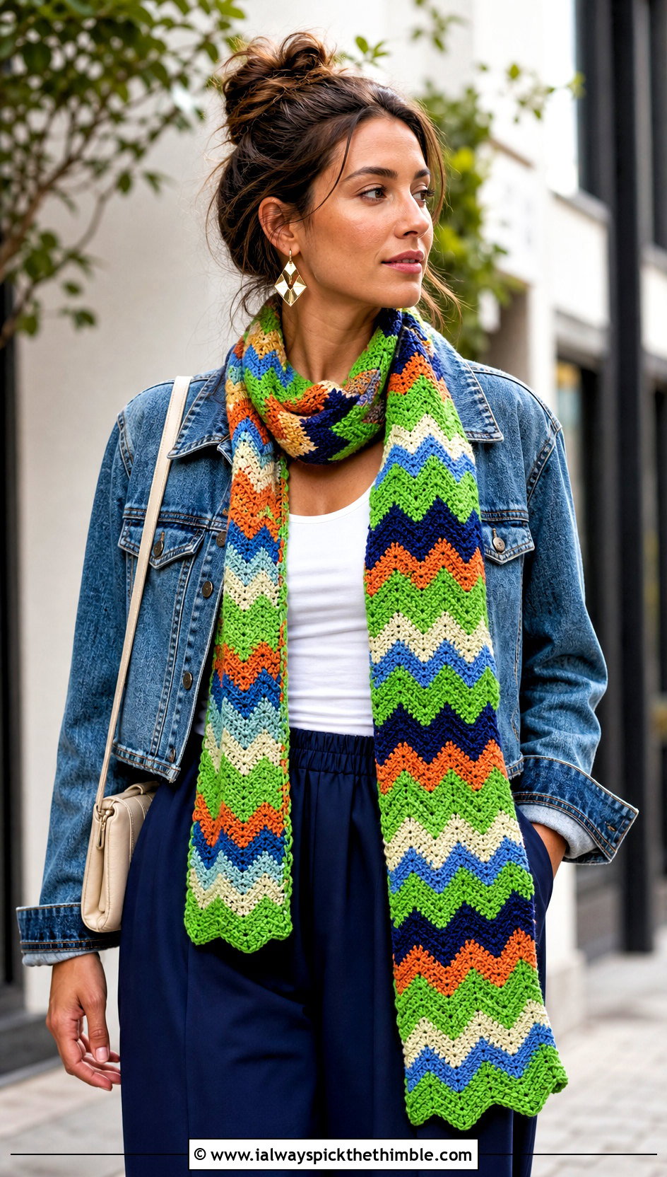 Chevron Crochet Scarf With Denim Jacket And Wide Leg Pants - 15 elegant crochet scarf design outfit ideas