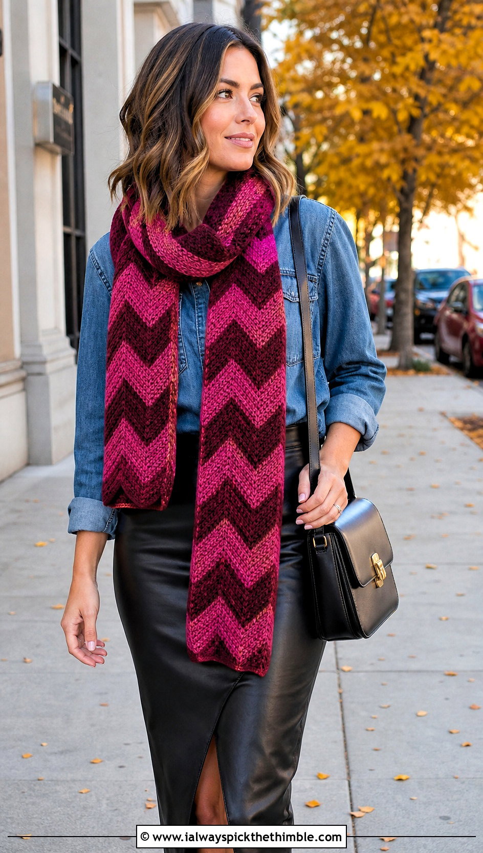 Chevron Crochet Scarf With Denim Shirt and Leather Skirt - 25 fall crochet scarf outfit ideas
