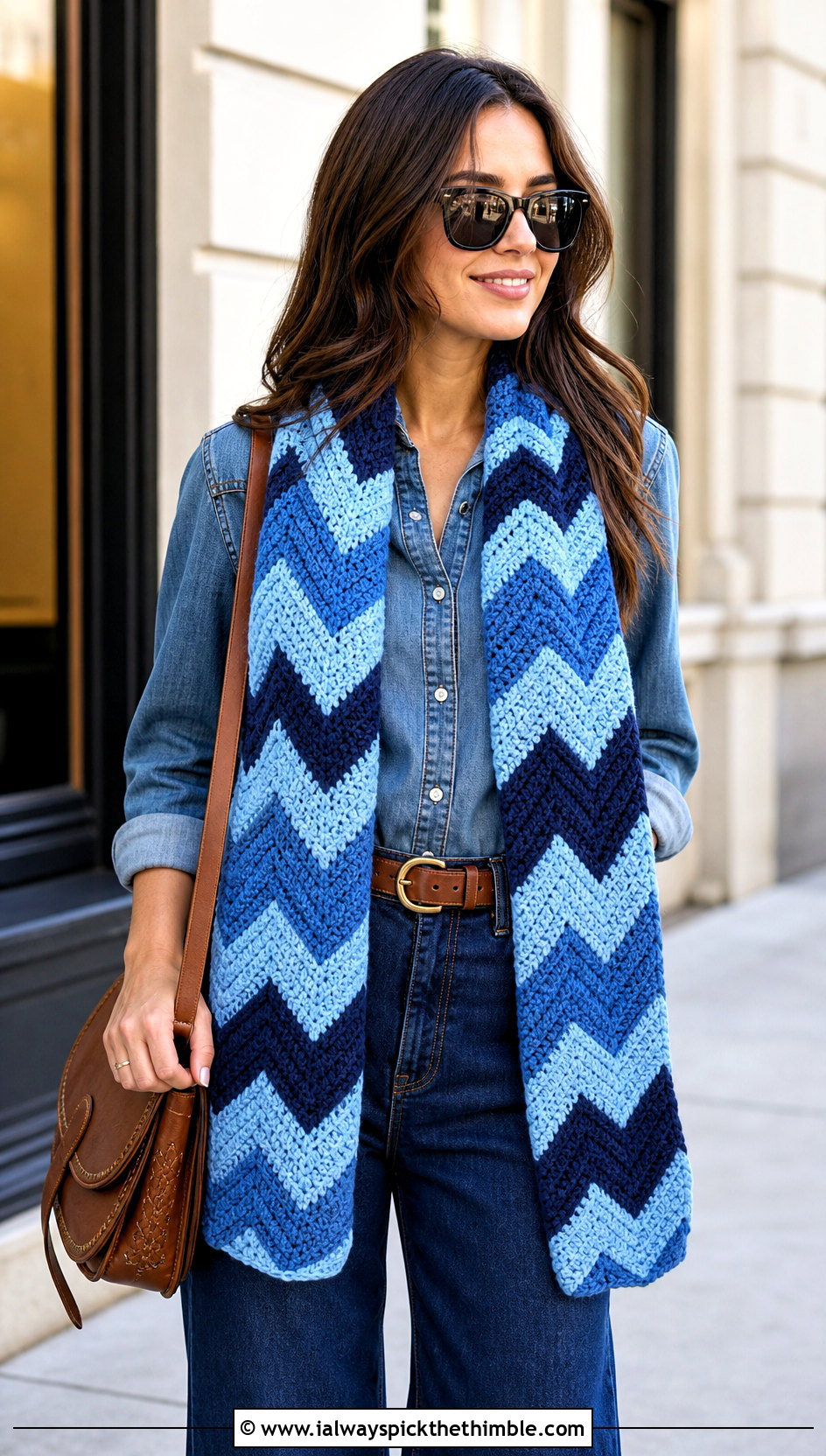 Chevron Crochet Scarf With Double Denim - 20 easy crochet scarfs outfit ideas