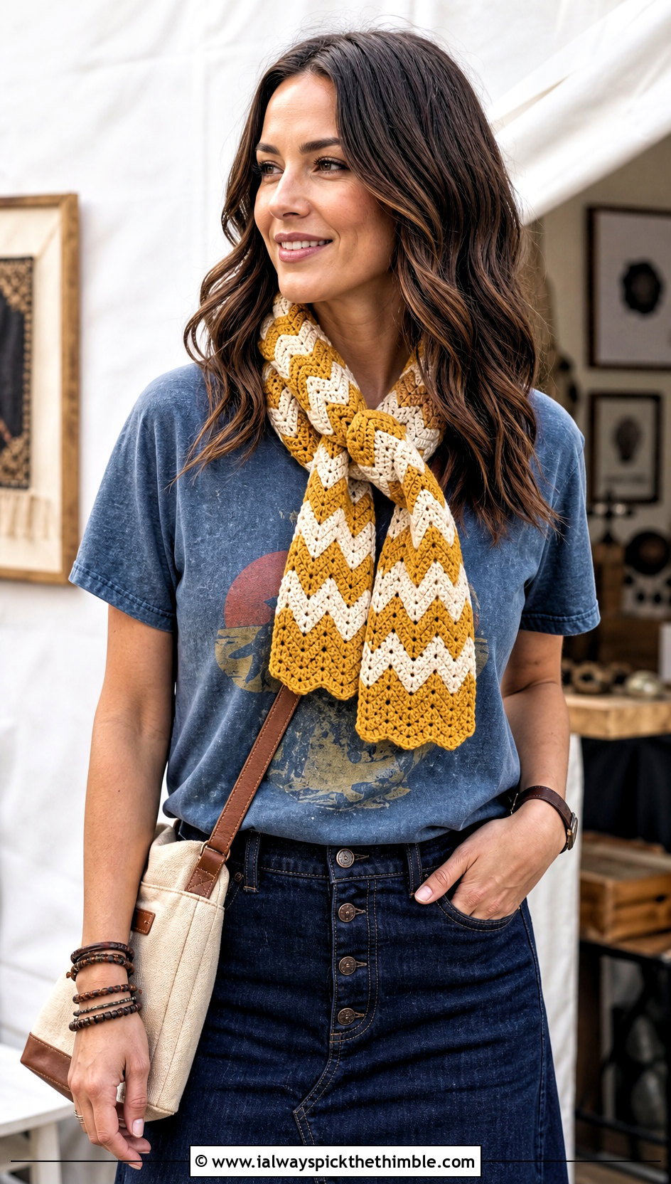 Chevron Crochet Scarf With Graphic T Shirt And Denim Skirt - 20 crochet summer scarf outfit ideas