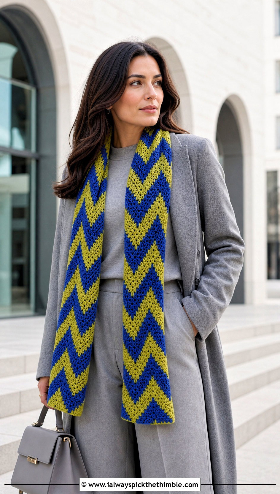 Chevron Crochet Scarf With Monochrome Outfit - 25 crochet neck scarf outfit ideas