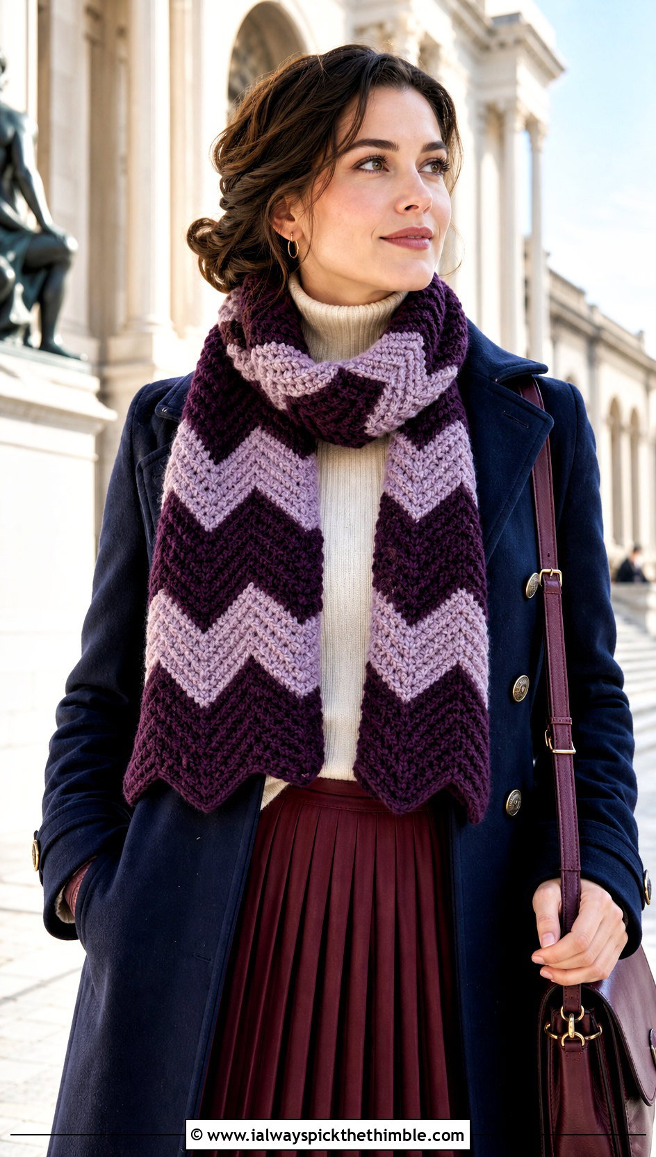 Chevron Crochet Scarf With Peacoat And Pleated Skirt - 25 Winter Crochet Scarfs For Women outfit ideas