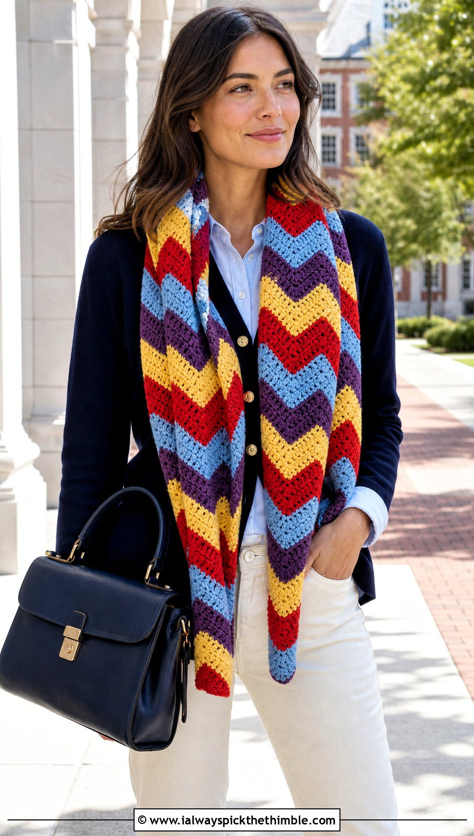 Chevron Crochet Scarf With Preppy Cardigan - 20 multi colored crochet scarf outfit ideas