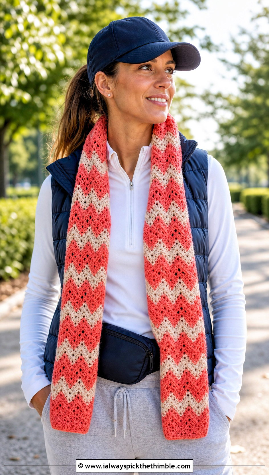 Chevron Crochet Scarf With Puffer Vest - 20 Crochet Scarf For Beginners outfit ideas