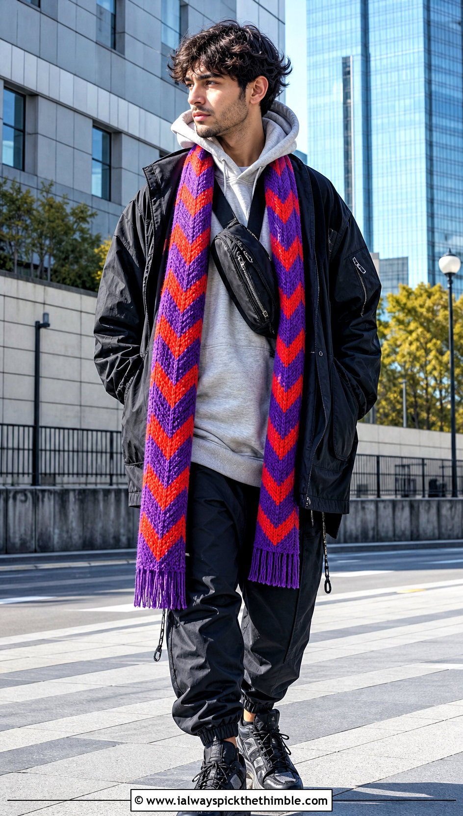 Chevron Crochet Scarf With Streetwear Outfit - 25 men's crochet scarf outfit ideas
