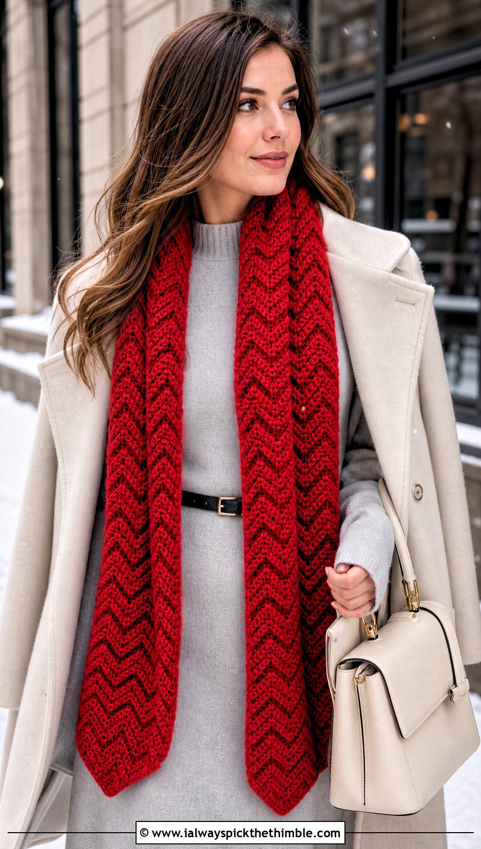 Chevron Crochet Scarf With Sweater Dress - 25 easy one skein crochet scarf outfit ideas