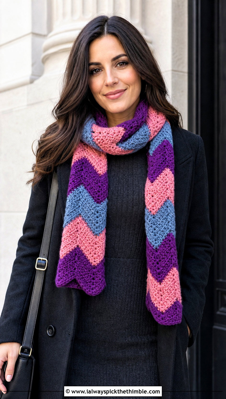 Chevron Crochet Scarf With Sweater Dress - 20 Crochet Scarf Worsted Weight Yarn outfit ideas