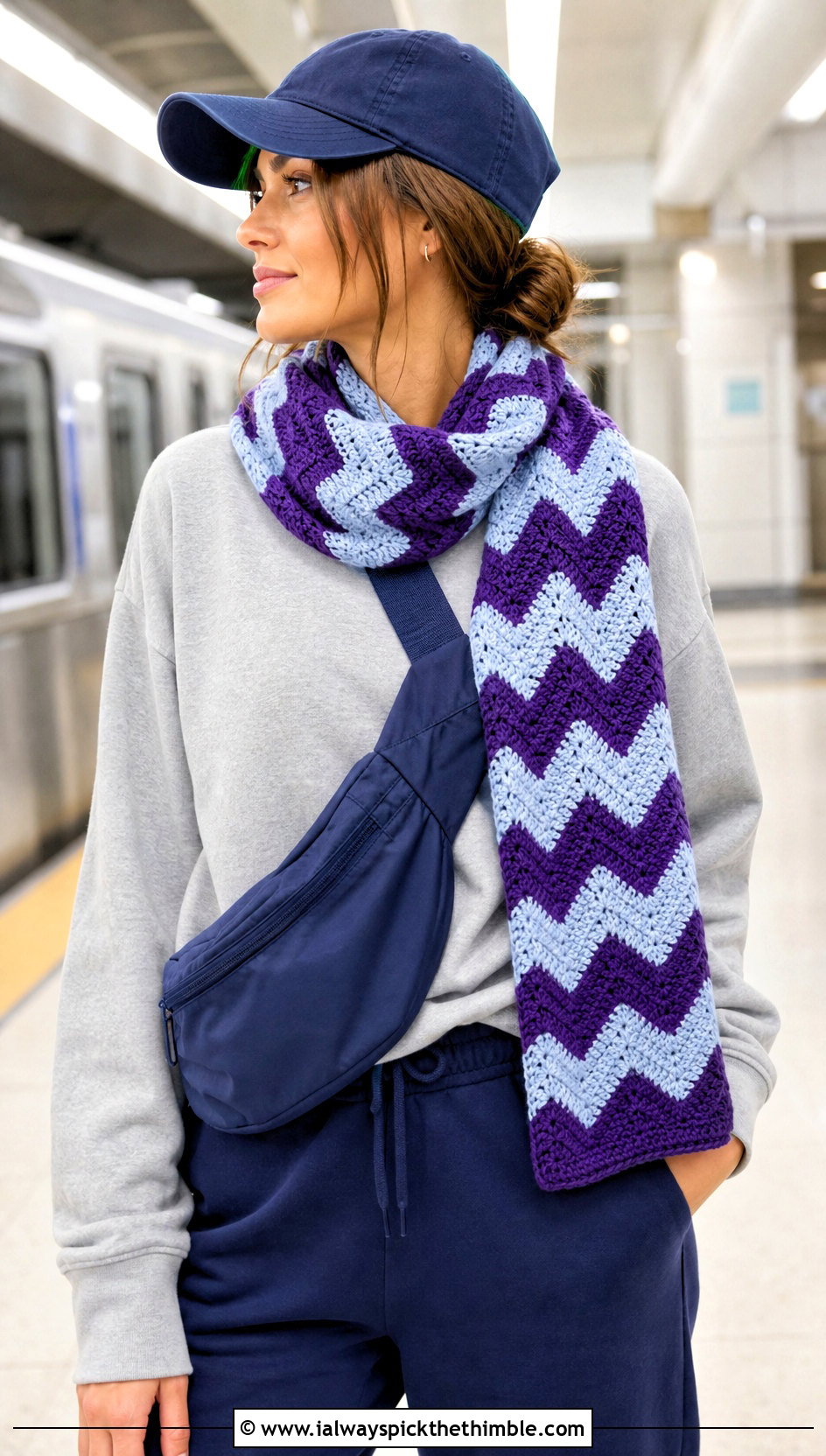 Chevron Crochet Scarf With Sweatshirt And Joggers - 20 Quick And Easy Crochet Scarf outfit ideas