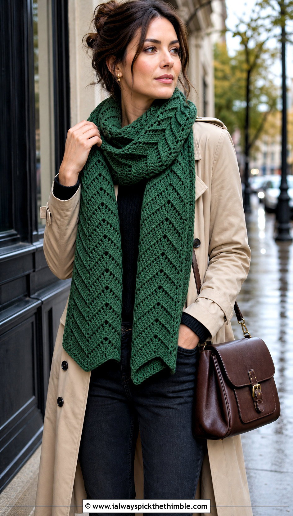 Chevron Crochet Scarf With Trench Coat - 25 crochet scarves outfit ideas