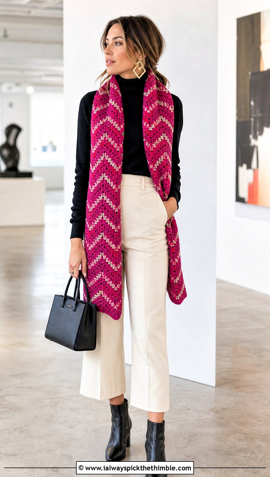 Chevron Crochet Scarf With Turtleneck And Culottes - 25 simple crochet scarf outfit ideas