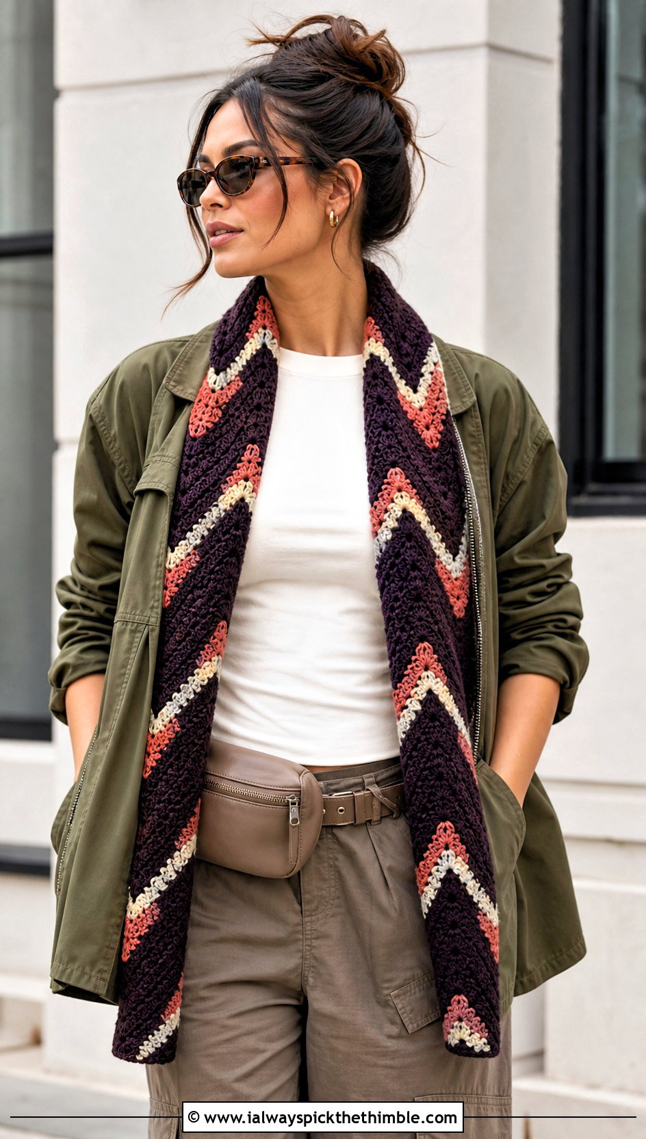 Chevron Crochet Scarf With Utility Jacket And Cargo Pants - 15 Light Crochet Scarf outfit ideas