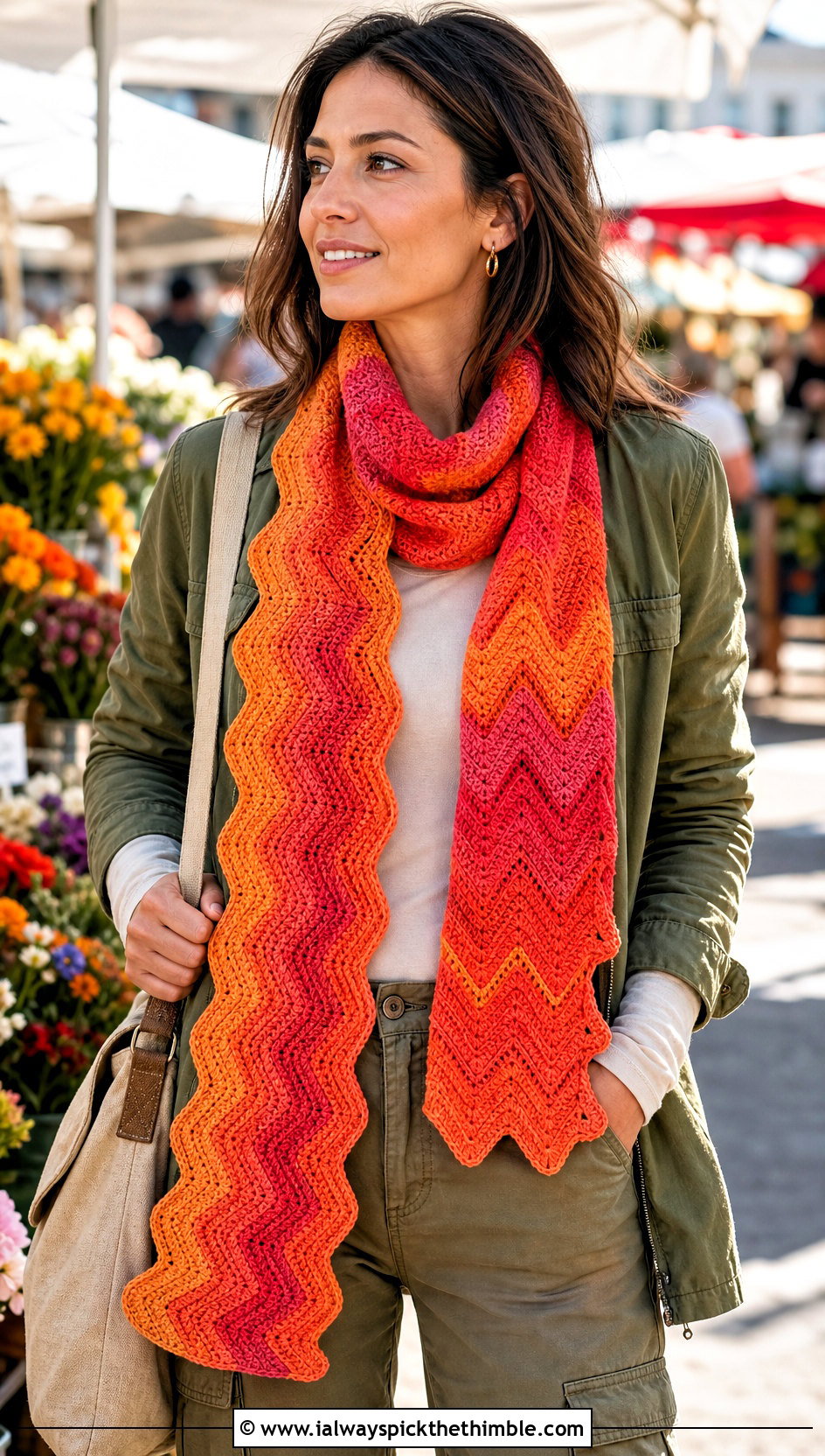 Chevron Crochet Scarf With Utility Jacket - 15 Scheepjes Whirl Crochet Scarf outfit ideas
