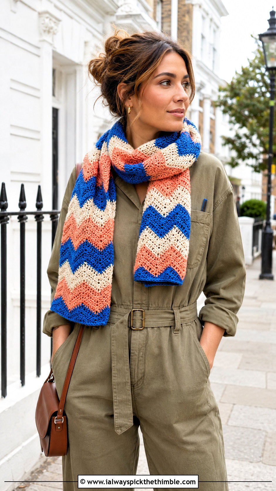 Chevron Crochet Scarf With Utility Jumpsuit - 25 easy crochet scarf for beginners outfit ideas