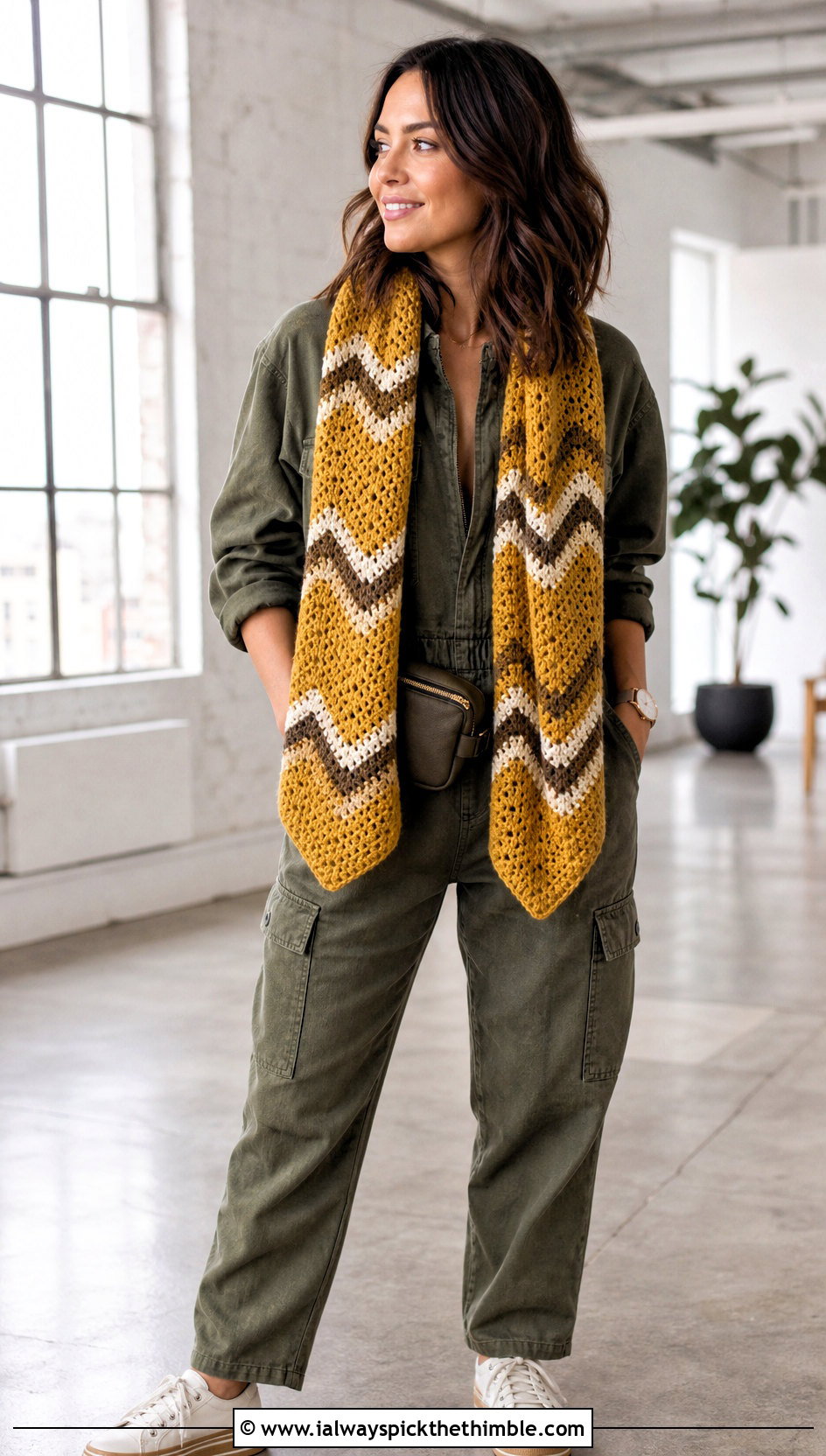 Chevron Crochet Scarf With Utility Jumpsuit - 25 crochet scarf outfit ideas