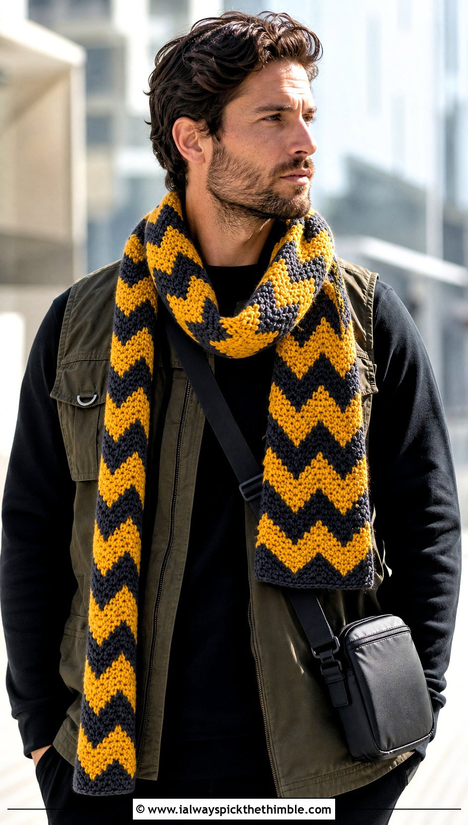 Chevron Crochet Scarf With Utility Vest - 25 men crochet scarf outfit ideas