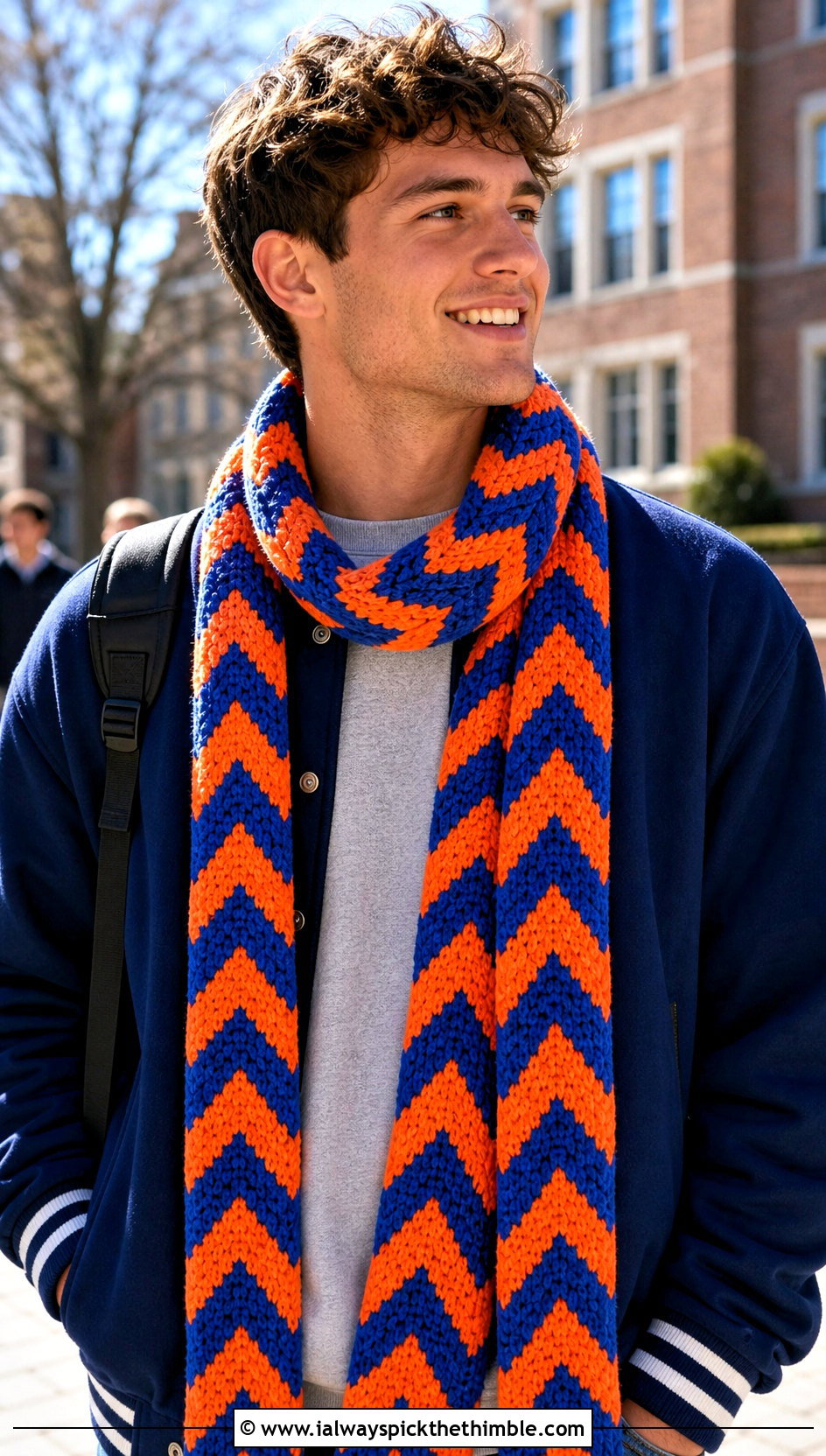 Chevron Crochet Scarf With Varsity Jacket - 20 men's crocheted scarf outfit ideas
