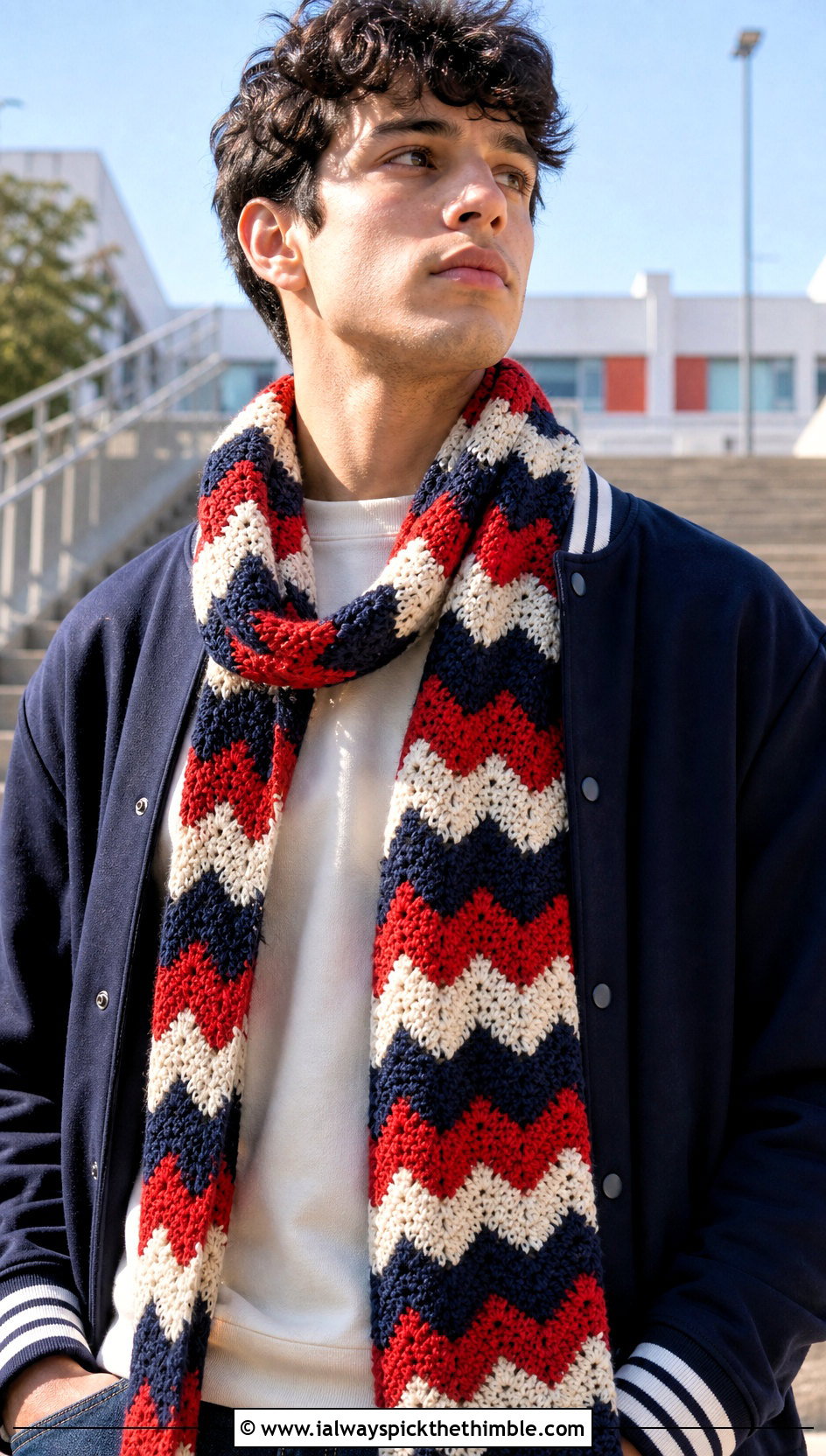 Chevron Crochet Scarf With Varsity Jacket - 20 Mens Crochet Scarf outfit ideas
