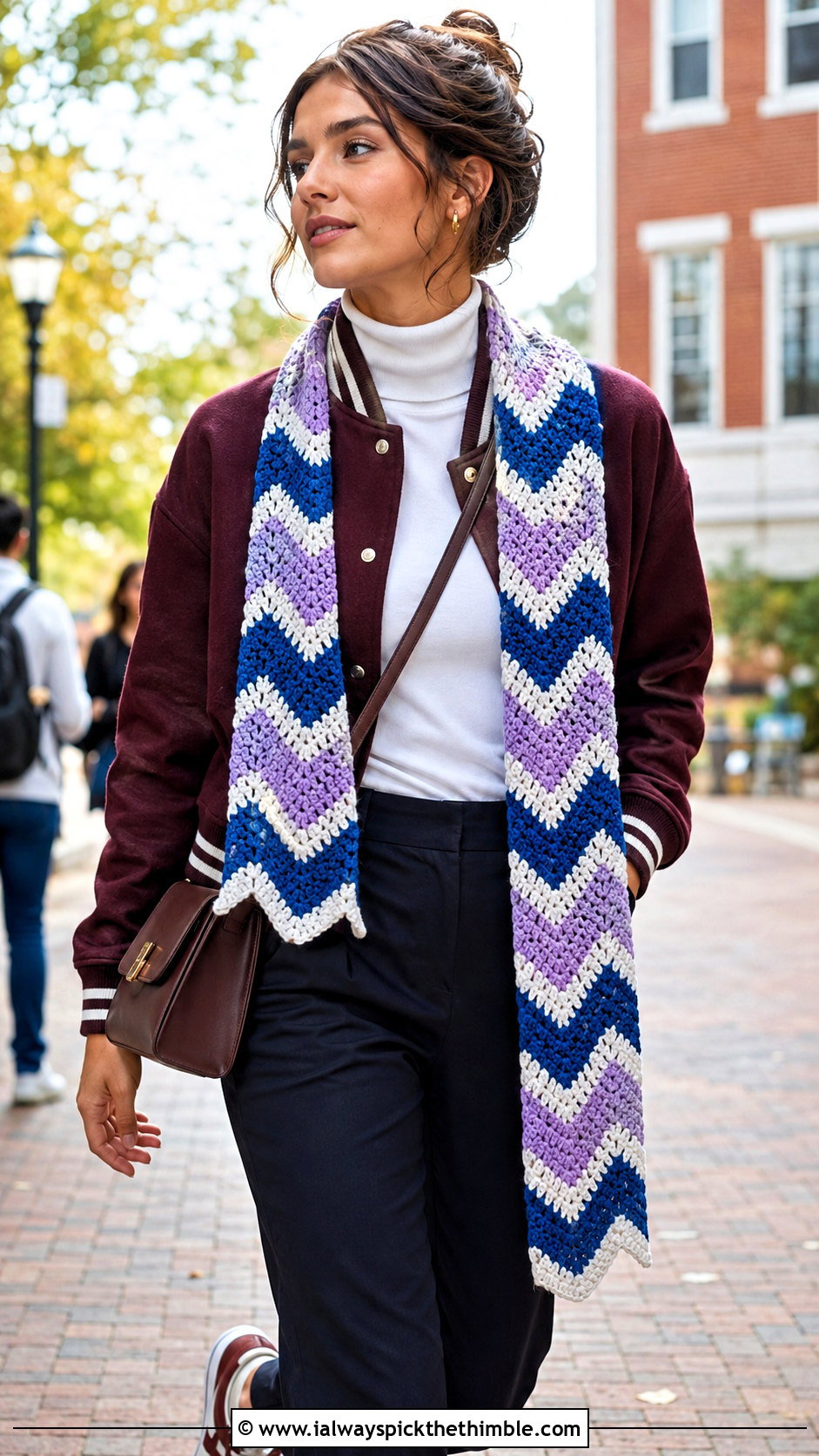 Chevron Crochet Scarf With Varsity Jacket - 25 crochet winter scarf outfit ideas