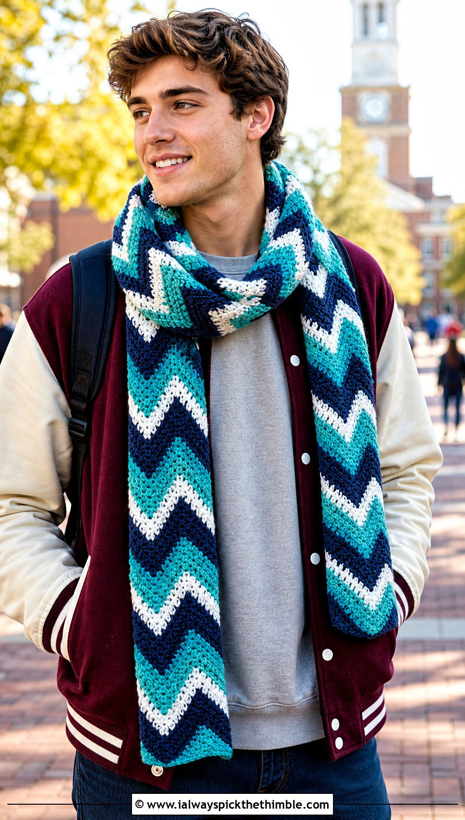 Chevron Crochet Scarf With Varsity Jacket - 20 easy crochet scarf men outfit ideas
