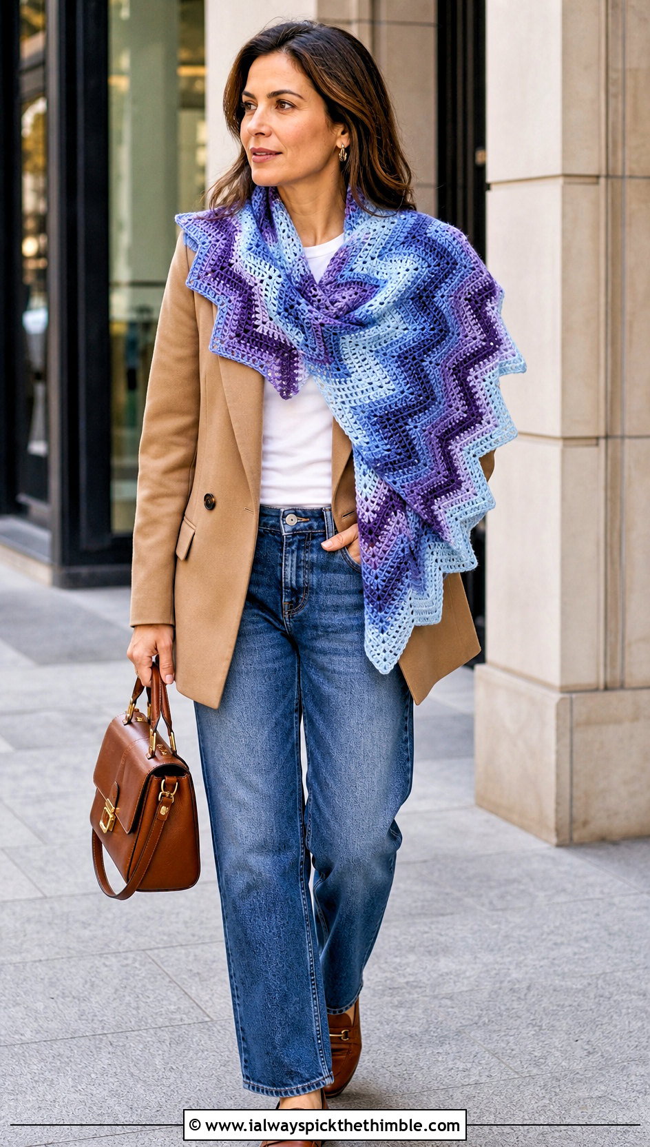 Chevron Crochet Shawl Scarf With Blazer And Jeans - 20 crochet shawl scarf outfit ideas