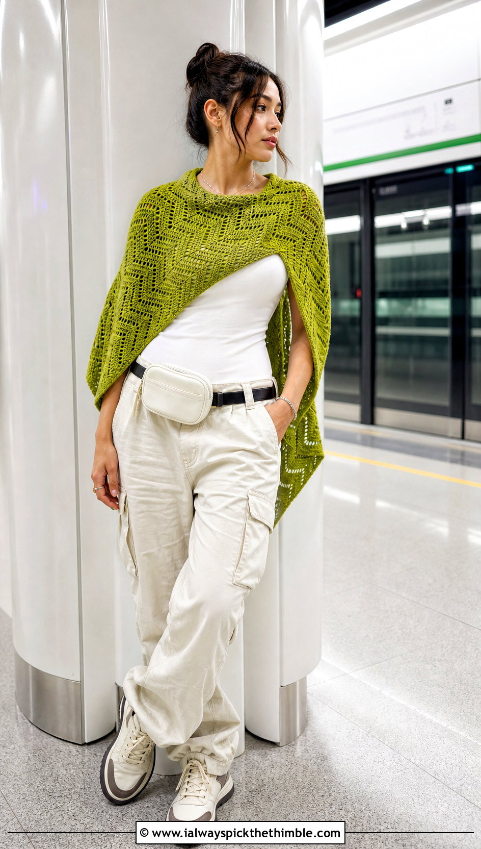 Chevron Crochet Shawl With Cargo Pants - 20 Vintage Crochet Shawl outfit ideas