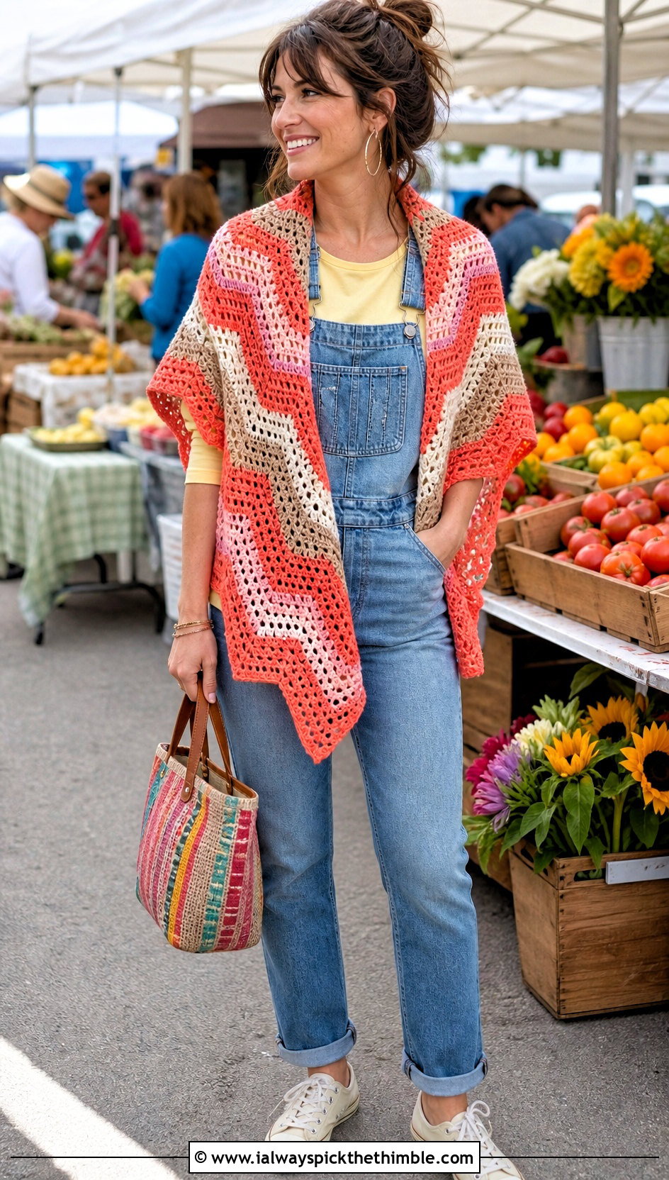 Chevron Crochet Shawl With Denim Overalls - 20 summer crochet shawl outfit ideas